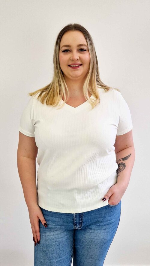 Prążkowana Bluzka Damska Basic z Dekoltem V Kremowa