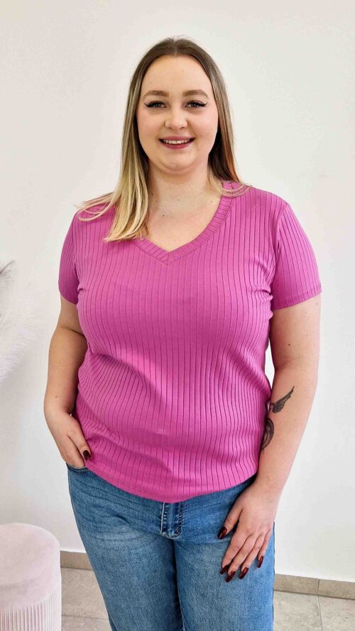 Prążkowana Bluzka Damska Basic z Dekoltem V Wrzosowa