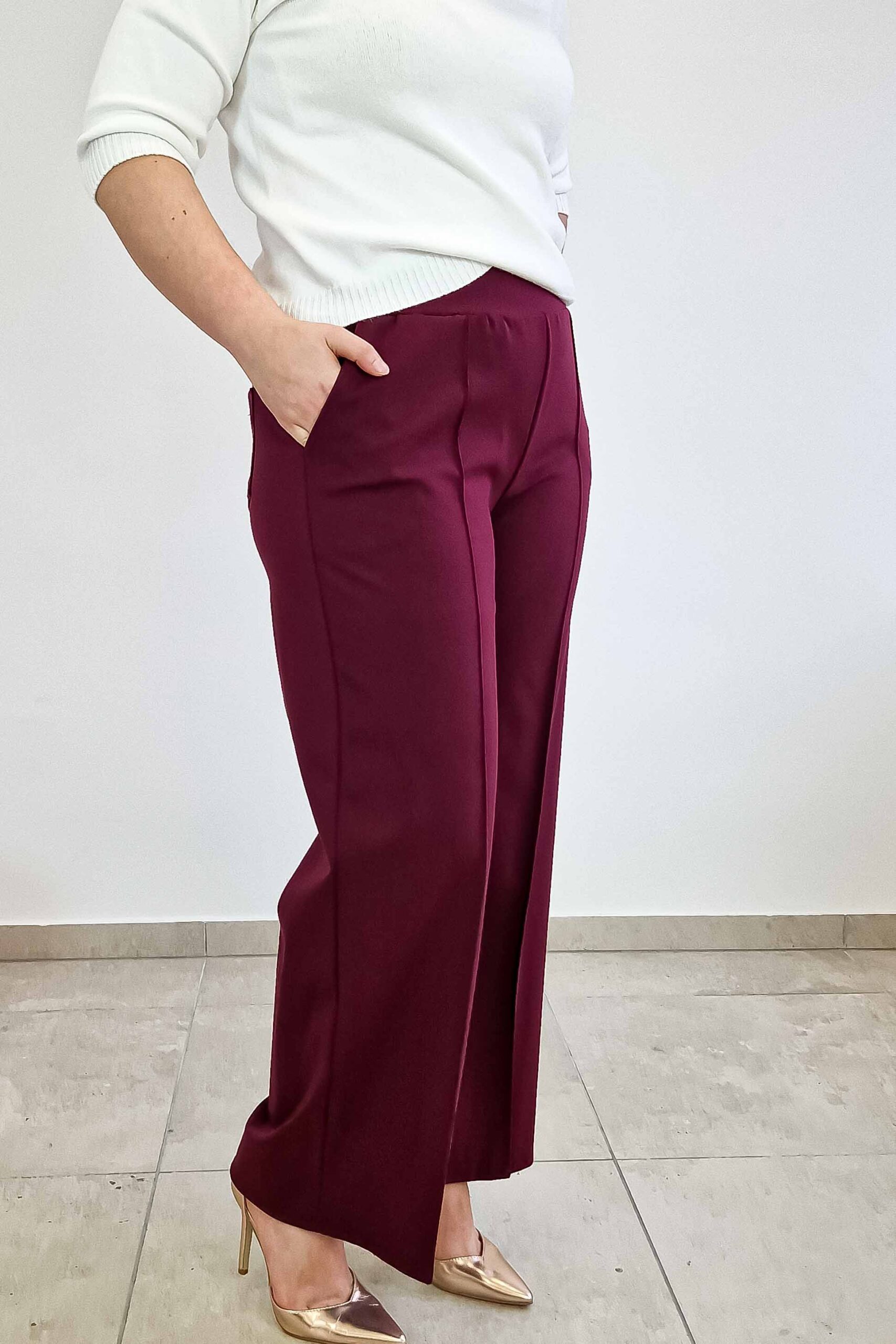 Sklep internetowy NeliNo Simili Spodnie Damskie z Szeroką Nogawką w Kant Bordowe - obrazek 2
