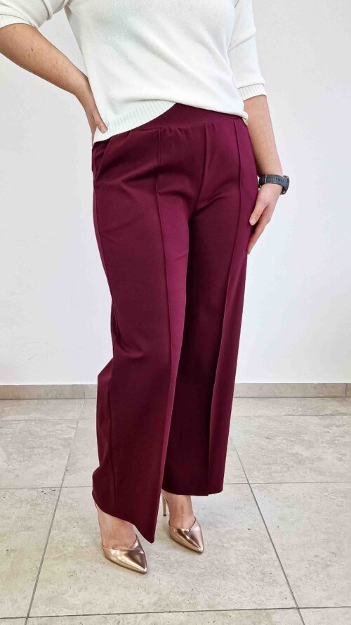 Simili Spodnie Damskie z Szeroką Nogawką w Kant Bordowe