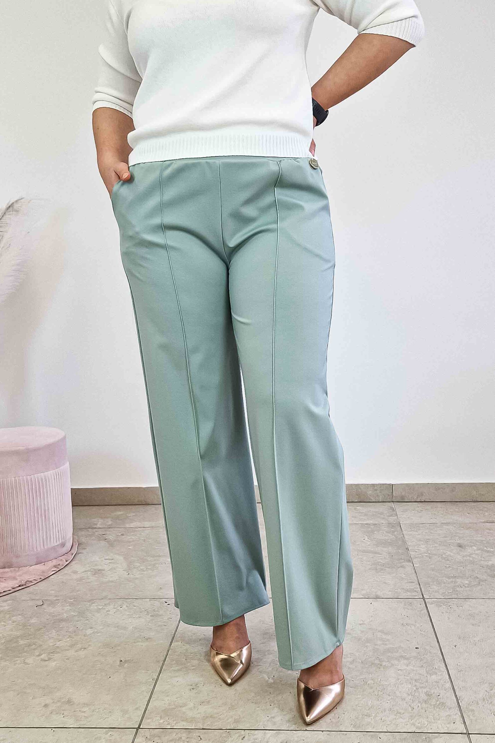 Sklep internetowy NeliNo Simili Spodnie Damskie z Szeroką Nogawką w Kant Miętowe