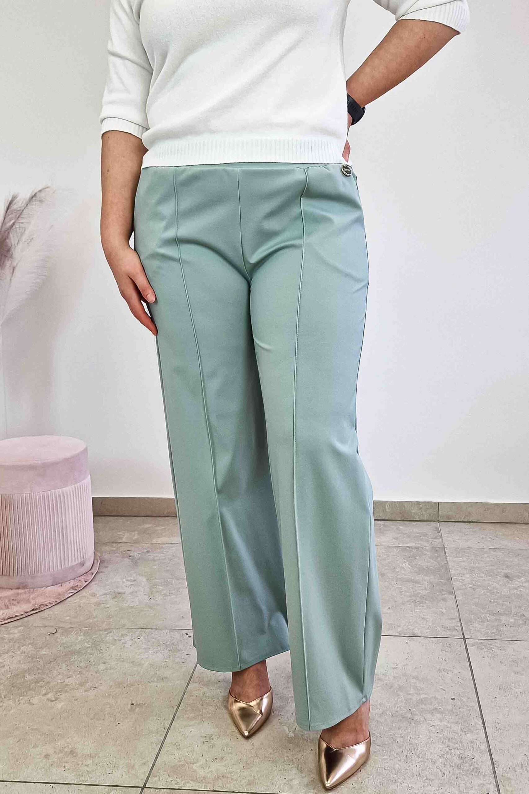 Sklep internetowy NeliNo Simili Spodnie Damskie z Szeroką Nogawką w Kant Miętowe - obrazek 2