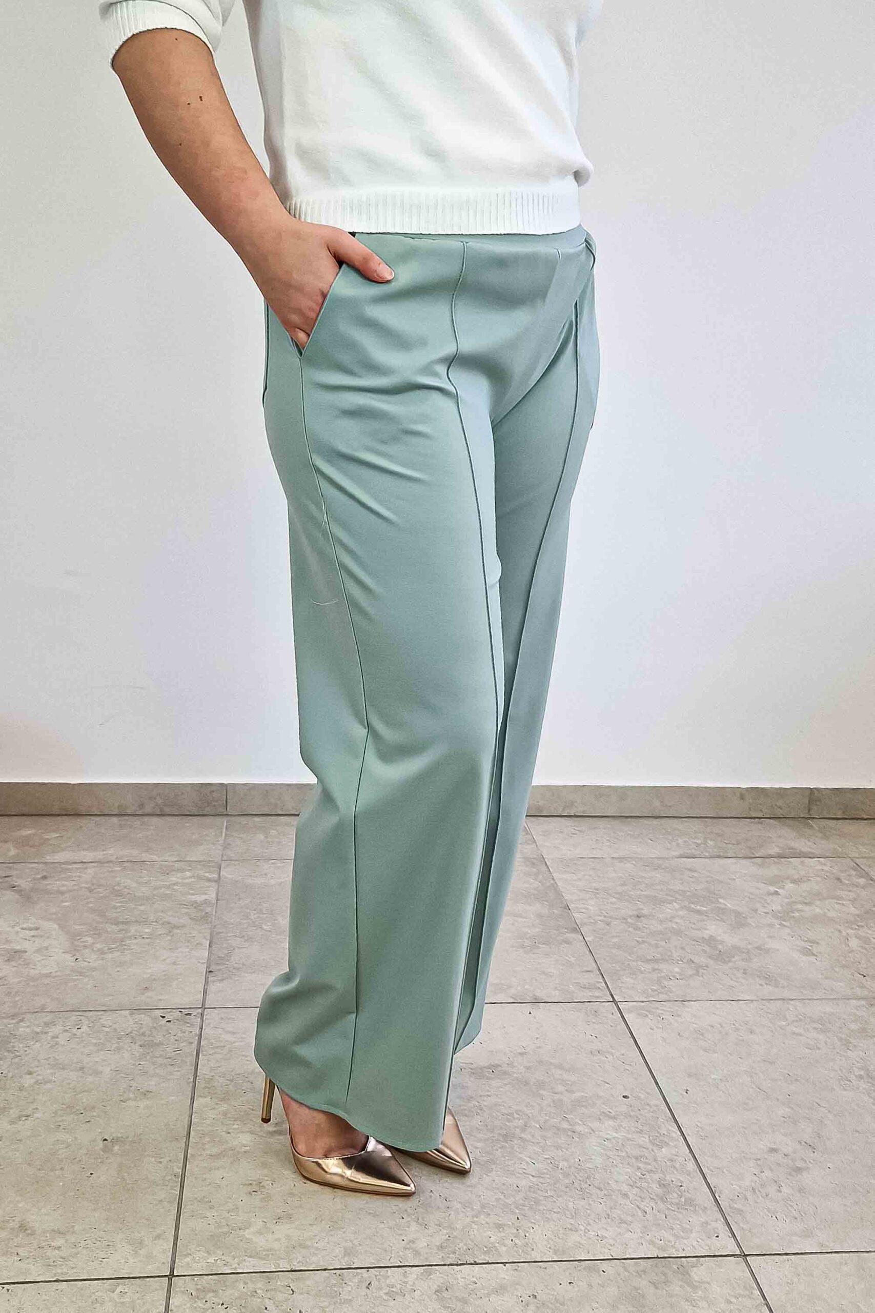 Sklep internetowy NeliNo Simili Spodnie Damskie z Szeroką Nogawką w Kant Miętowe - obrazek 3