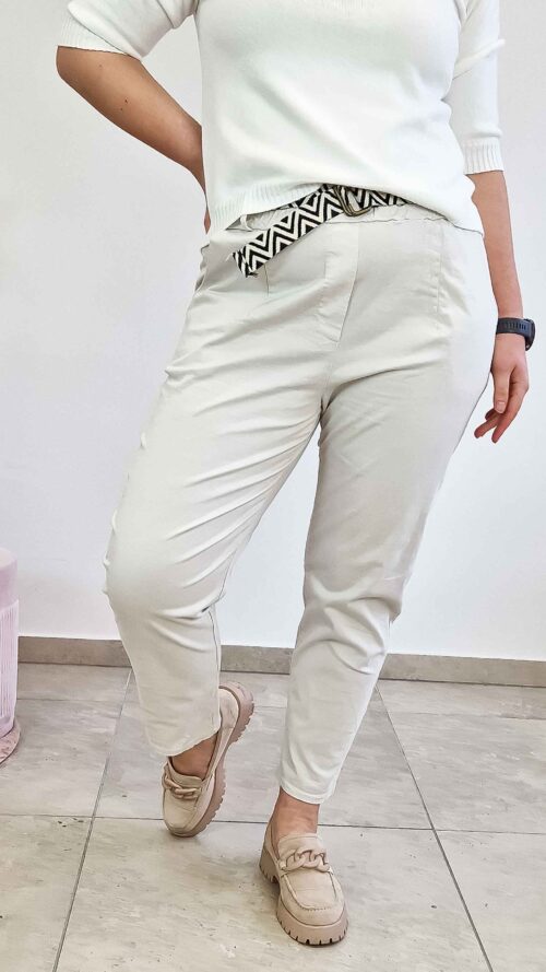 Długie Spodnie Damskie z Paskiem Zwężana Nogawka Beżowe