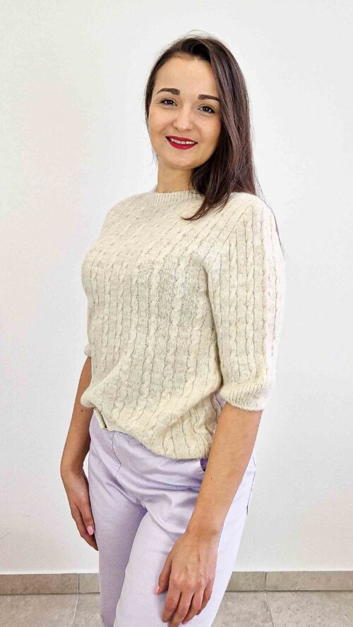 Sweter Damski Warkocz z Rękawem 3/4 Beżowy