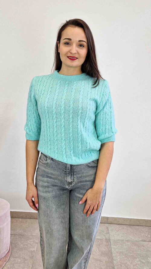 Sweter Damski Warkocz z Rękawem 3/4 Miętowy