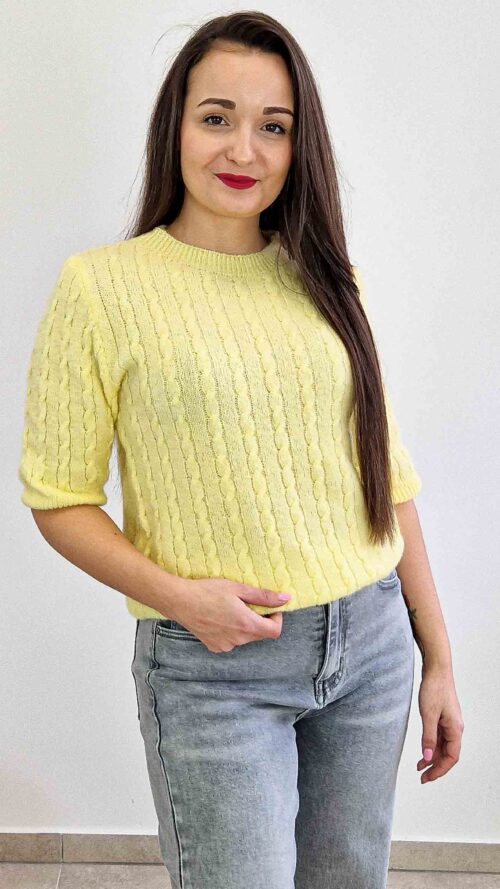 Sweter Damski Warkocz z Rękawem 3/4 Żółty