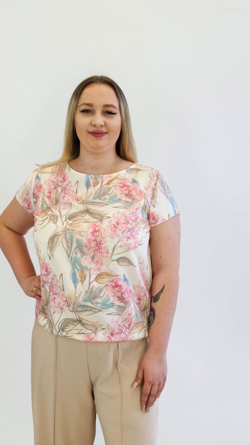 Bluzka Damska Blue z Krótkim Rękawem Wzór Kwiaty Beżowo-Zielona