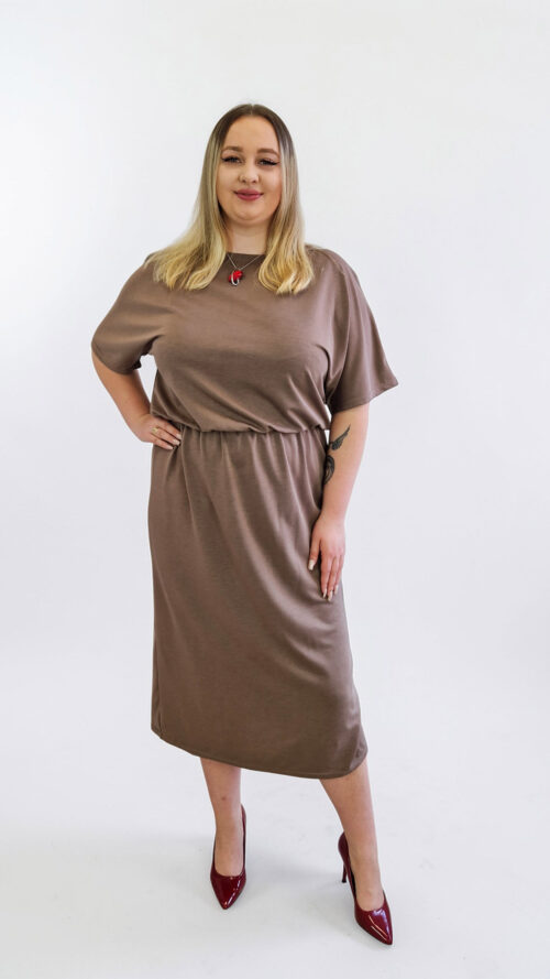 Elegancka Sukienka Midi z Gumką w Pasie Fango