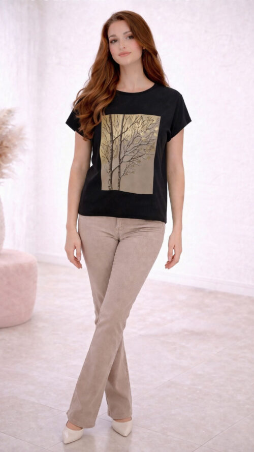 Bawełniana Bluzka Damska z Nadrukiem Brzozy Czarna
