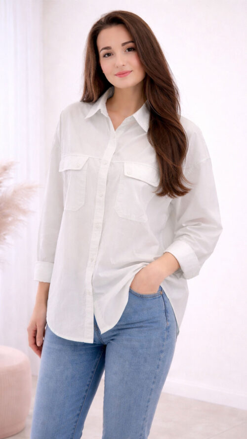 Bawełniana Koszula Damska Asymetryczna Oversize Biała