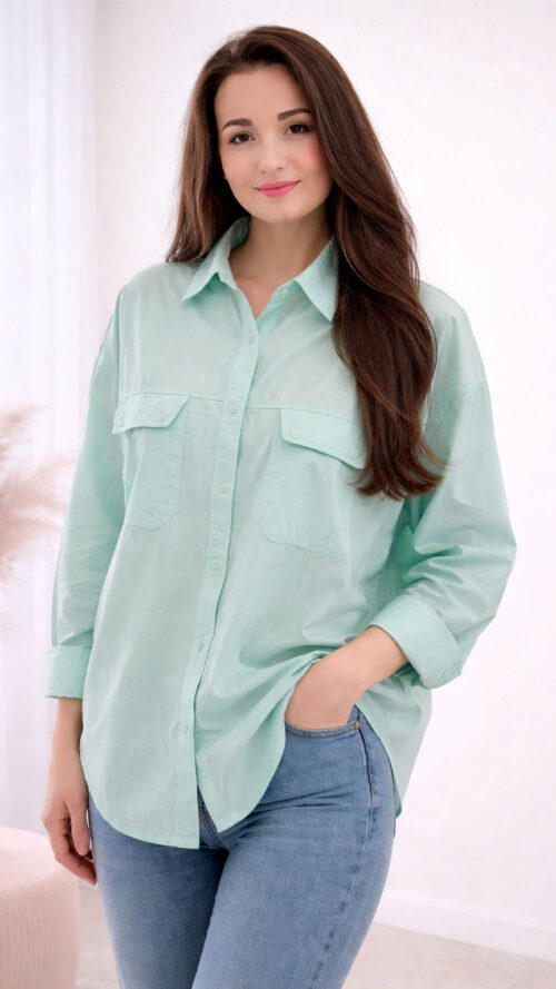 Bawełniana Koszula Damska Asymetryczna Oversize Miętowa