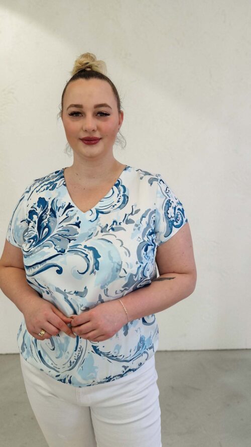 Bluzka Damska Blue z Krótkim Rękawem Wzór Niebiesko Biała