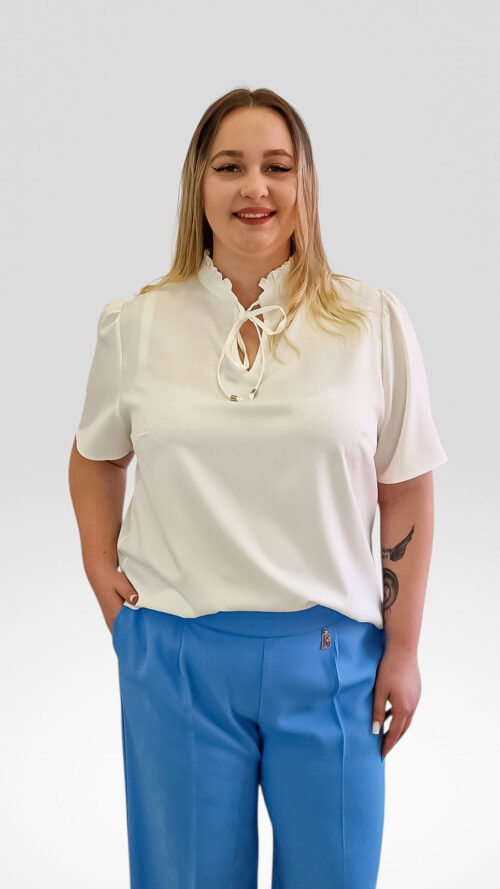 Bluzka Damska Stójka z Falbanką Biała