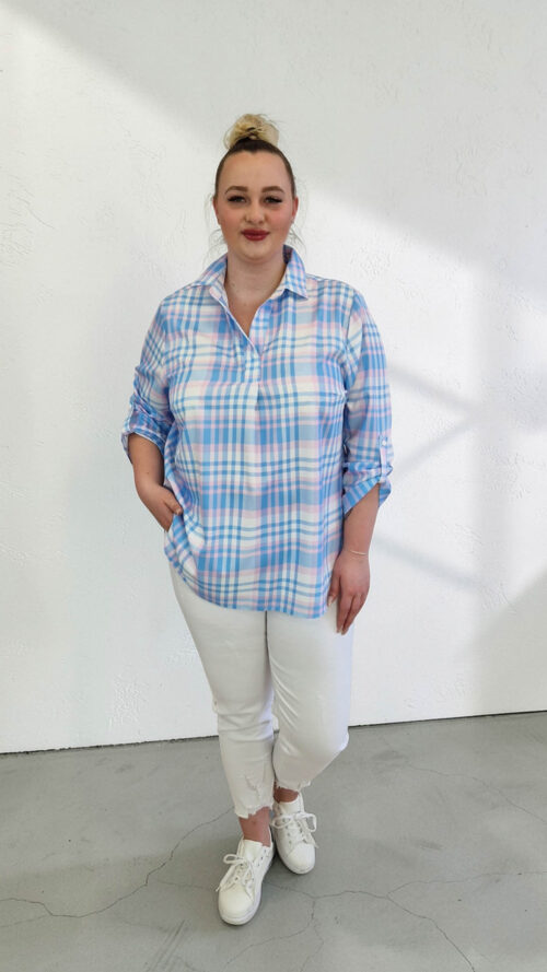 Bluzka Damska w Kratkę Rękaw 3/4 Niebiesko-Różowa