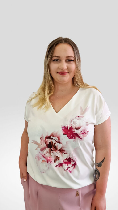 Delikatna Bluzka Damska Biała z Piwonią Amarant