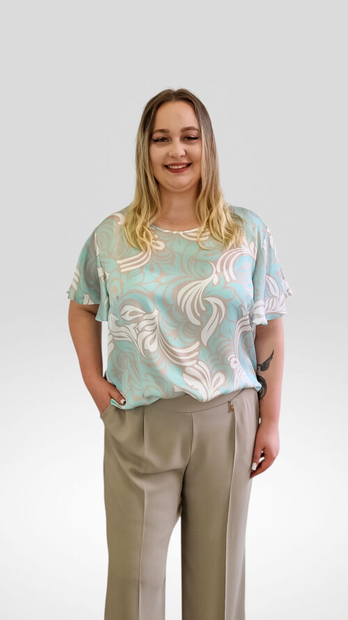 Bluzka Damska we Wzory Rękaw Motylek Beżowo-Groszkowa