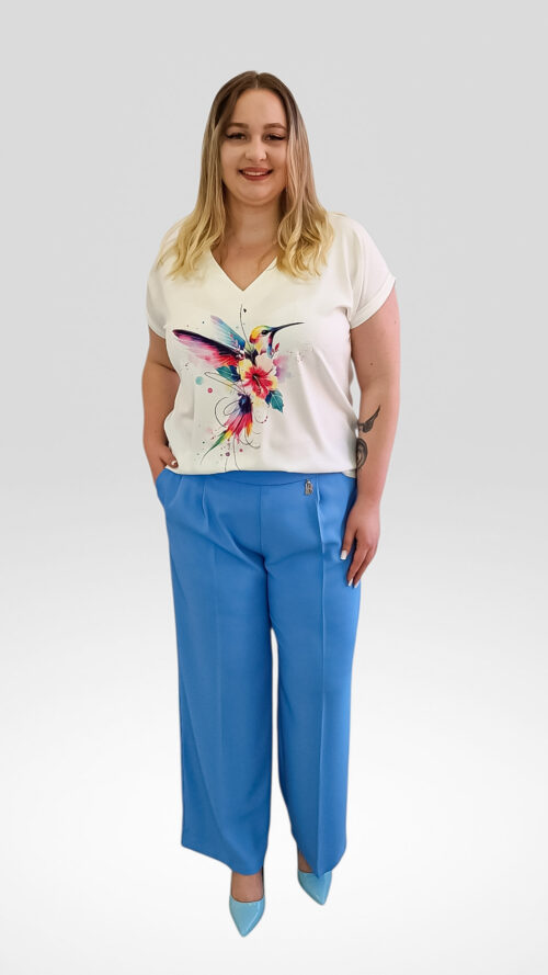 Delikatna Bluzka Damska Biała z Kolorowym Koliberkiem