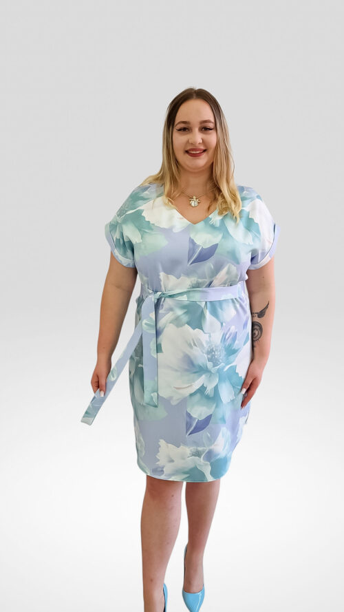 Elegancka sukienka z paskiem Camilla Pastelowa w Kwiaty