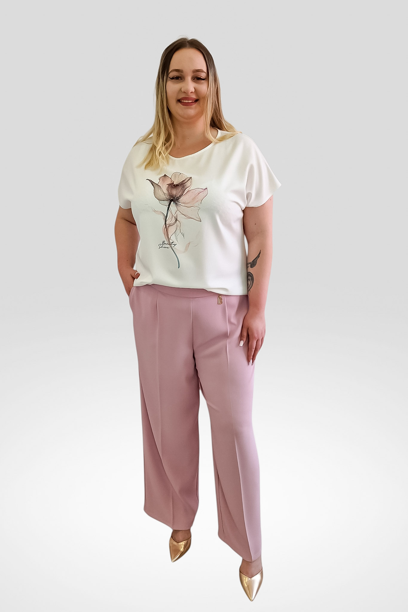 Biała Elegancka Bluzka Damska z Cyrkoniami i Lilią - obrazek 2