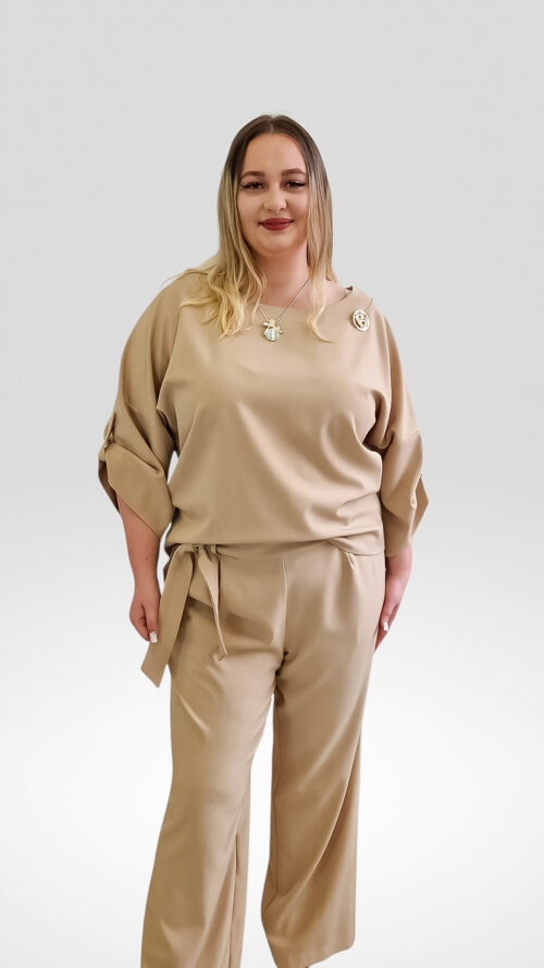 Elegancki Komplet Damski Spodnie z Bluzką Beżowy