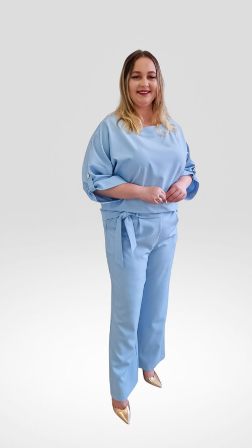 Elegancki Komplet Damski Spodnie z Bluzką Błekitny