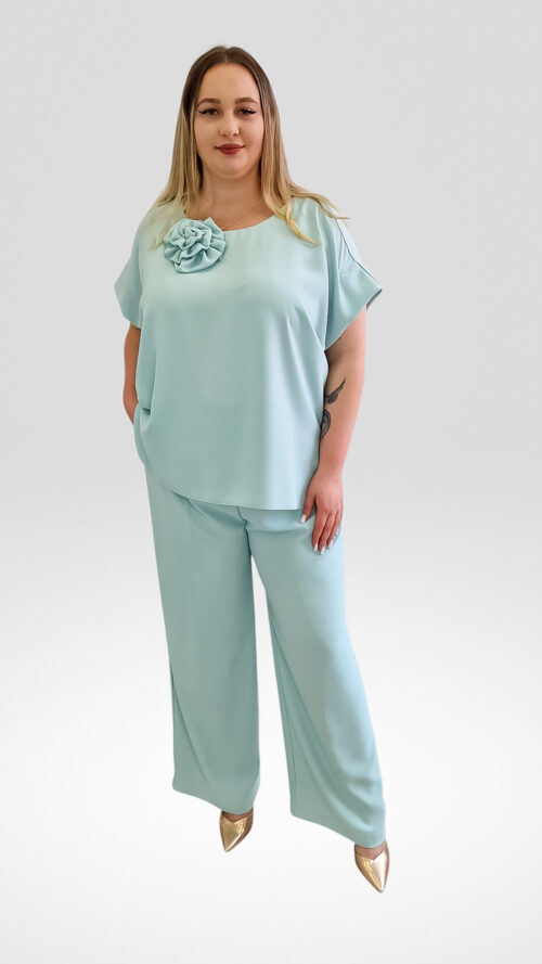 Elegancki Komplet Damski Spodnie z Bluzką i Broszką Miętowy