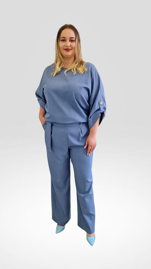 Elegancki Komplet Damski Spodnie z Bluzką Jeansowy