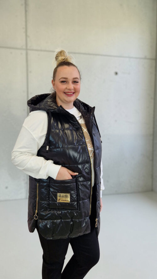 Czarna Pikowana Kamizelka Damska z Kapturem na Zamek