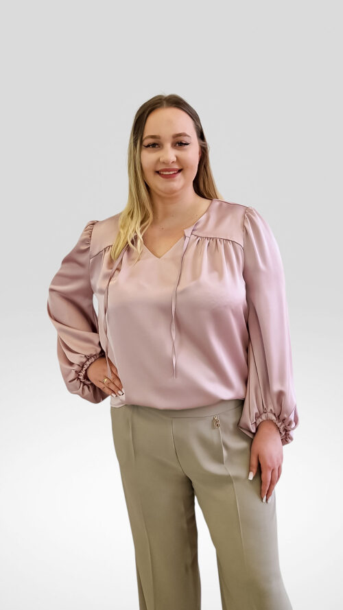 Satynowa Bluzka Damska z Dekoltem V Brudny Róż