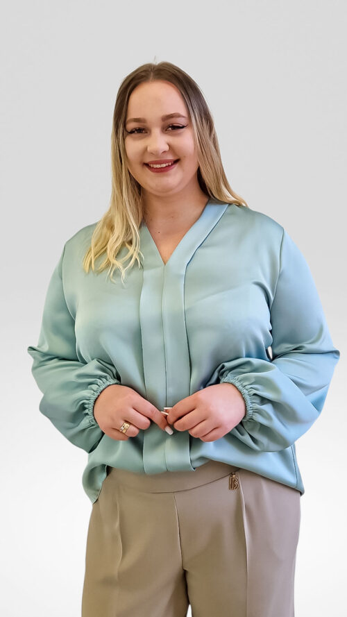 Satynowa Bluzka Damska z Plisą i Bufiastymi Rękawami Groszkowy