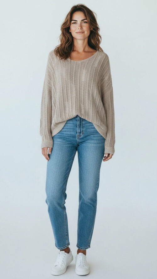 Klasyczny Sweter Damski w Szpic Beżowy