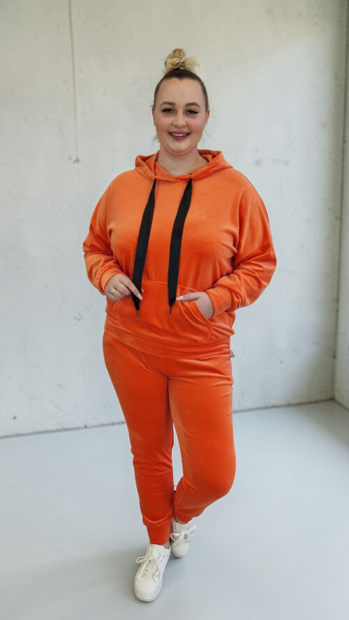 Welurowy Dres Damski w Serek Miriam z Kapturem Pomarańczowy