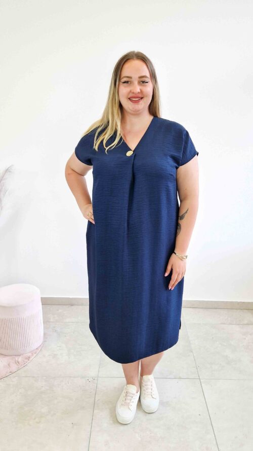 Lniana Sukienka Maxi z Guzikiem Casual Granatowa