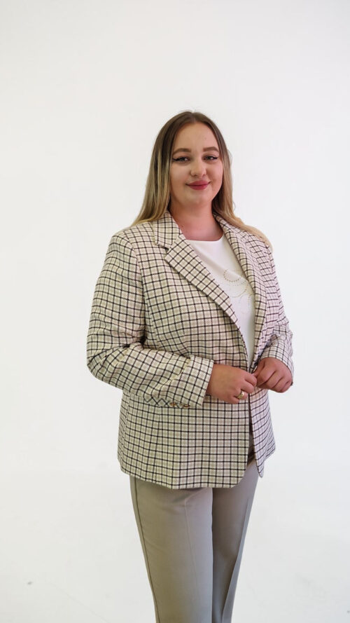 Elegancka Marynarka Damska w Kratę Beżowo-Czekoladowa