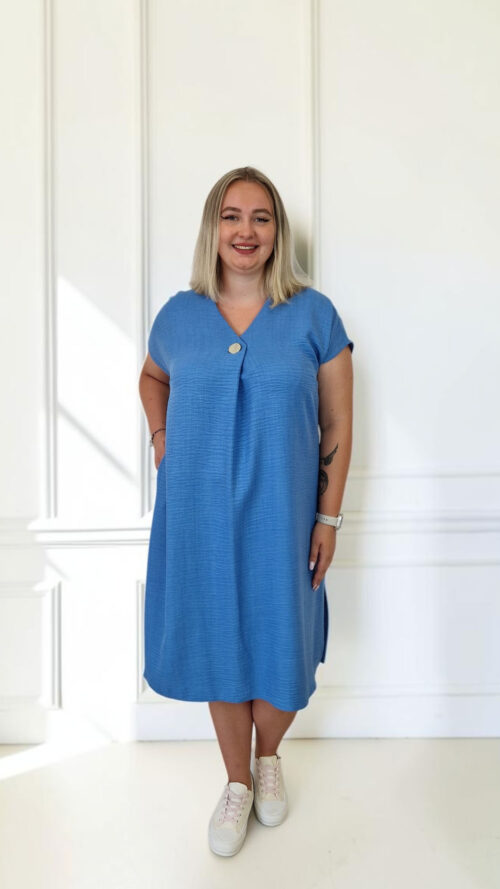 Lniana Sukienka Maxi z Guzikiem Casual Jasno Niebieska