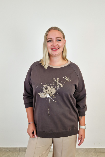 Elegancka Bluzka Damska Motylki Kwiat Aplikacja Brązowa